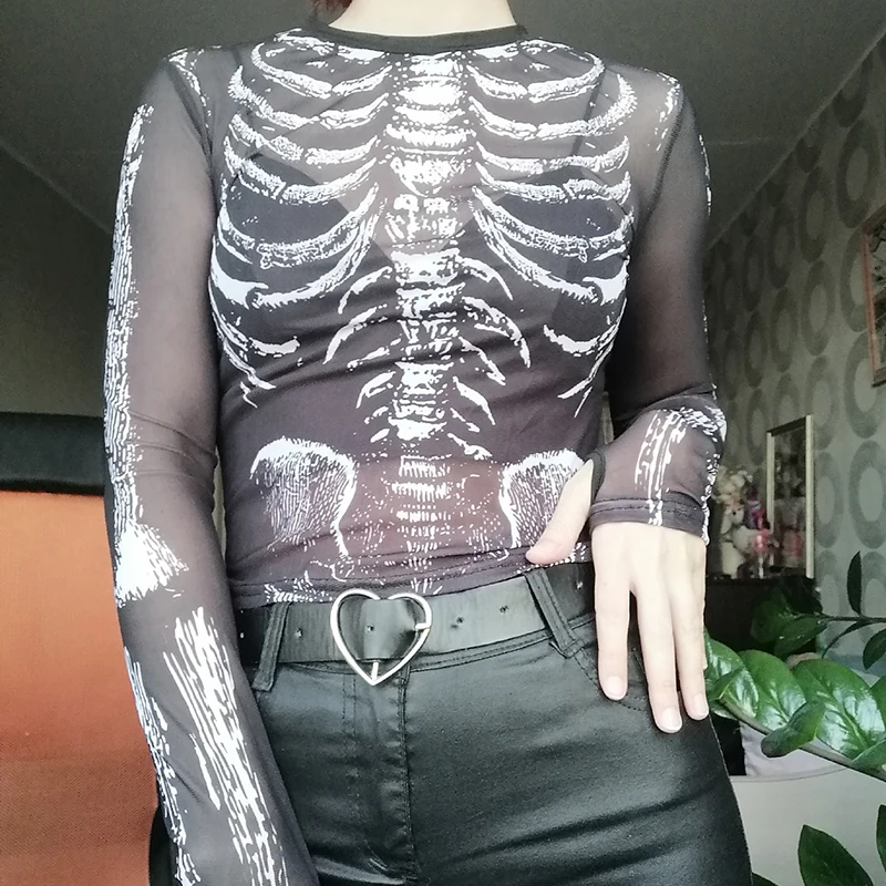 Gothic Skeleton Mesh Crop Top - Grunge Aesthetic Black Tee