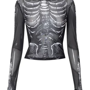 Gothic Skeleton Mesh Crop Top - Grunge Aesthetic Black Tee