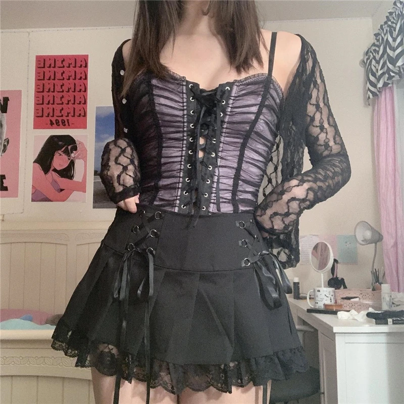 Gothic Skirt y2k Aesthetic Women Fairycore Lace Trim High Waist Mini Skirts