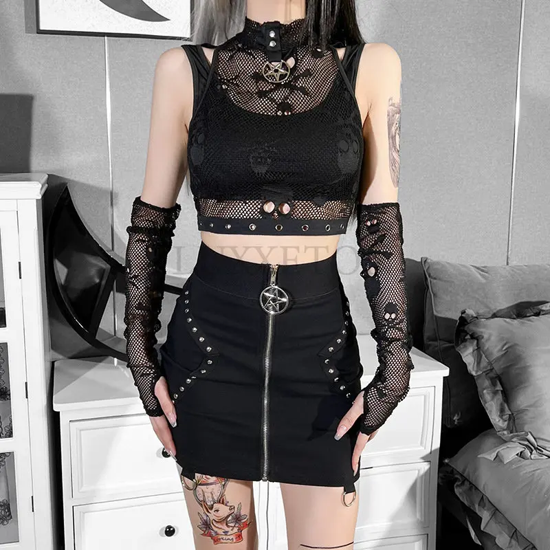 Gothic Skull Fishnet Mall Tank Top - Grunge Aesthetic Punk Black Crop Top