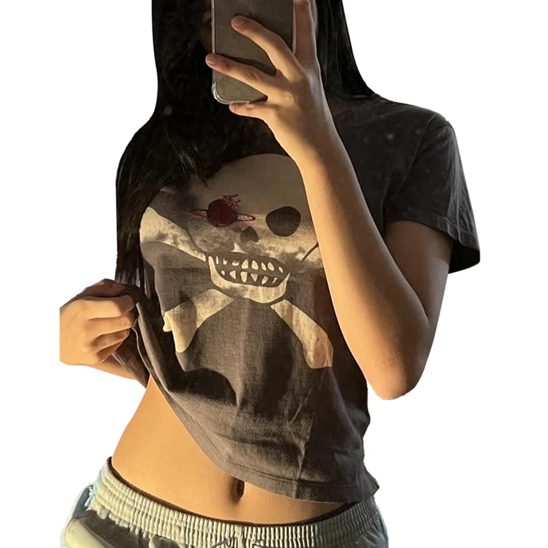 Gothic Skull Print Crop Top - Y2K Women's Dark Academia Grunge Sweatshirt