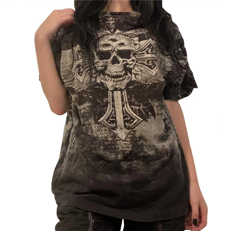 Gothic Skull Print Round Neck T-Shirt | Y2K Punk Style Streetwear