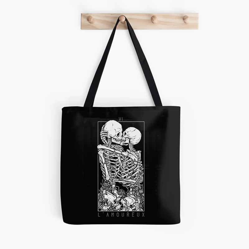 Gothic Skull Printed Canvas Handbag - Y2K Harajuku Style