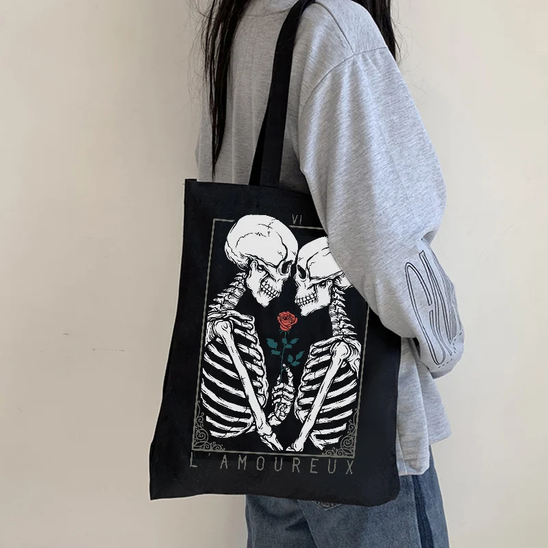 Gothic Skull Printed Canvas Handbag - Y2K Harajuku Style