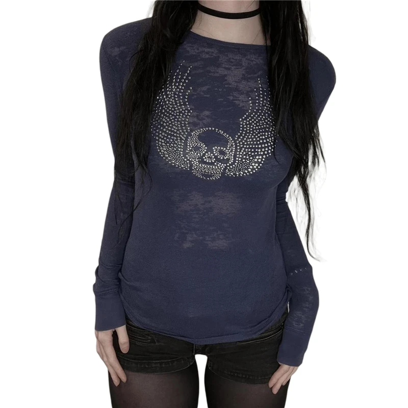 Gothic Skull Y2K Aesthetic Long Sleeve Tee - Women's Grunge Streetwear