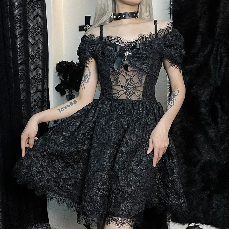 Gothic Spaghetti Strap Dress with Bow Detail - Elegant Off-Shoulder Lolita Style