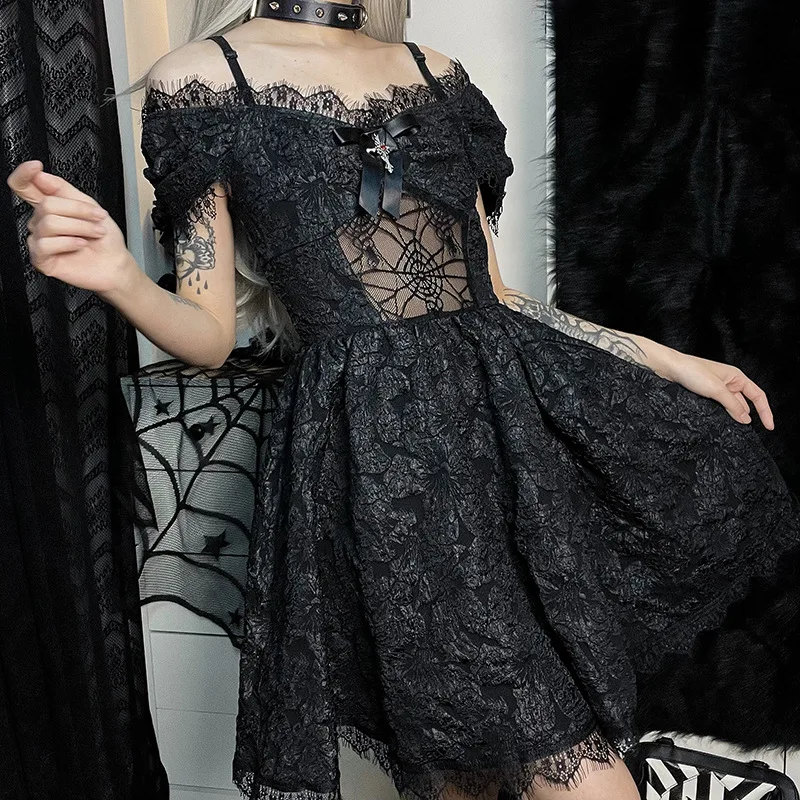 Gothic Spaghetti Strap Dress with Bow Detail - Elegant Off-Shoulder Lolita Style