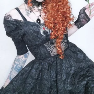 Gothic Spaghetti Strap Dress with Bow Detail - Elegant Off-Shoulder Lolita Style