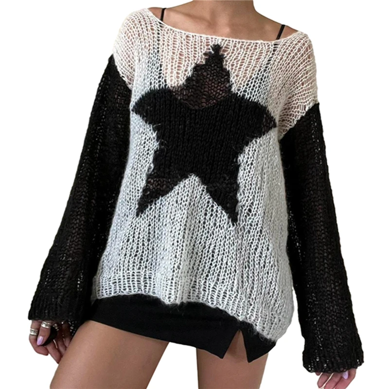 Gothic Star Print Sweater - Punk Aesthetic Y2K Women's Long Sleeve Top