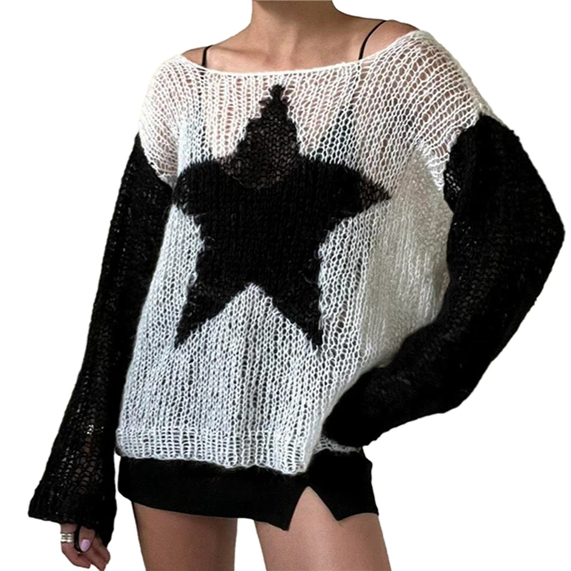 Gothic Star Print Sweater - Punk Aesthetic Y2K Women's Long Sleeve Top