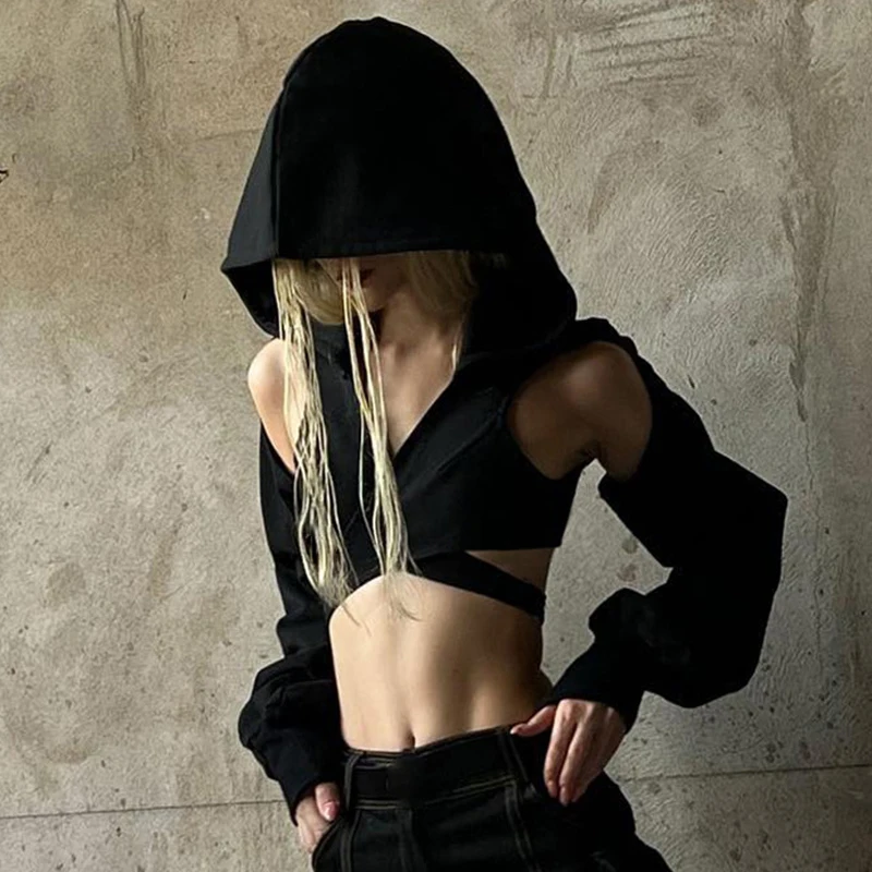 Gothic Streetwear Cut-Out Hoodie - Y2K Techwear Fashion