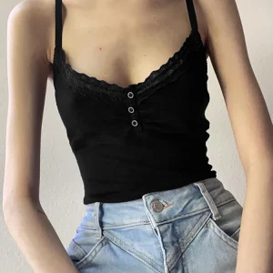 Gothic V-neck Black Women's Camisole: Y2K Grunge Style Crop Top