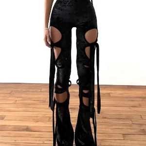 Gothic Velvet Hollow Out Pencil Pants - Grunge Aesthetic Punk High Waist Trousers