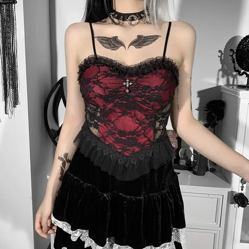 Gothic Velvet Lace Trim Crop Top - Y2K Mall Goth Aesthetic T-shirt