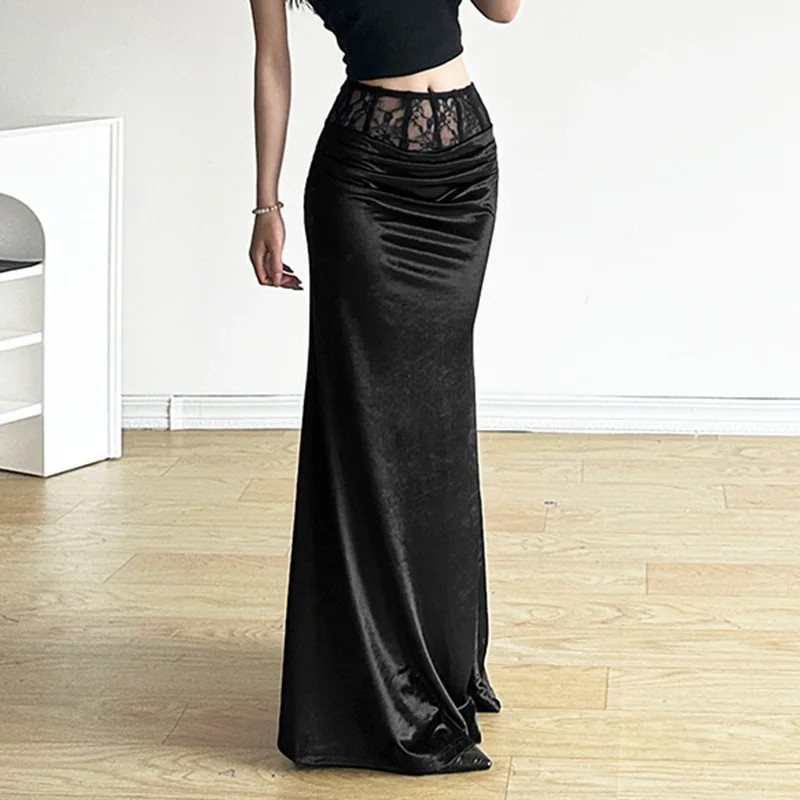 Gothic Velvet Trumpet Skirt - Y2K Partywear Lace Patchwork Elegant Mall Gothic Slim Cloth