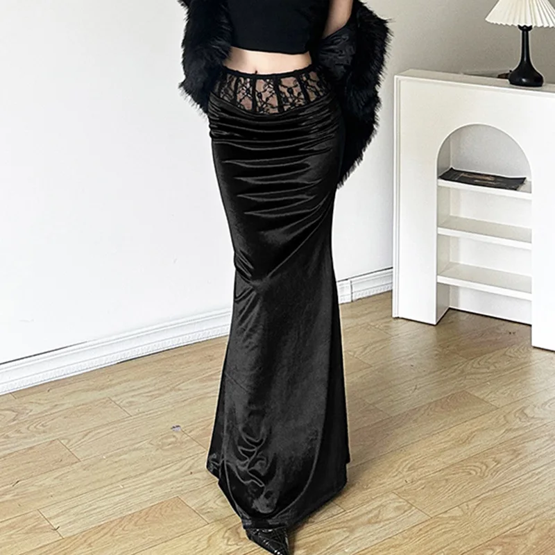 Gothic Velvet Trumpet Skirt - Y2K Partywear Lace Patchwork Elegant Mall Gothic Slim Cloth