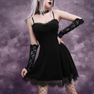 Gothic Vintage Mall Velvet A-line Dress with Lace Trim - Grunge Sexy Mini Dress for Women