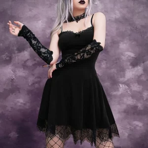 Gothic Vintage Mall Velvet A-line Dress with Lace Trim - Grunge Sexy Mini Dress for Women