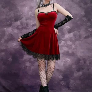 Gothic Vintage Mall Velvet A-line Dress with Lace Trim - Grunge Sexy Mini Dress for Women