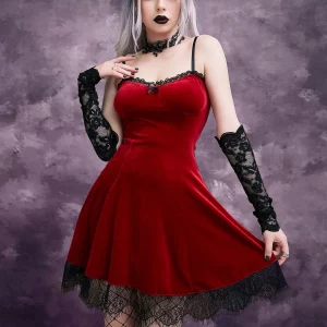 Gothic Vintage Mall Velvet A-line Dress with Lace Trim - Grunge Sexy Mini Dress for Women