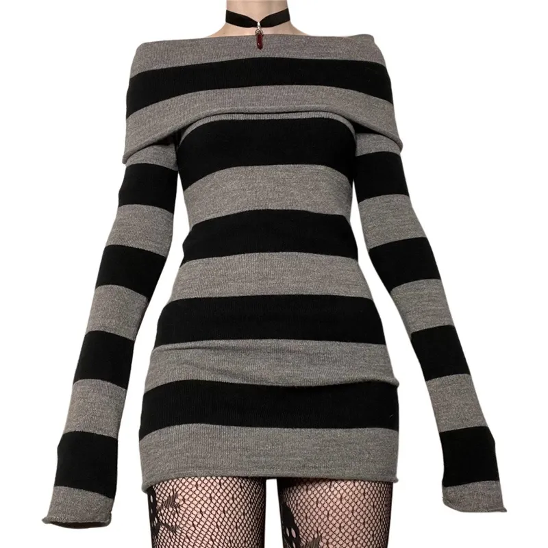 Gothic Y2K Off-Shoulder Knitted Dress - Dark Academia Punk Witchy Style