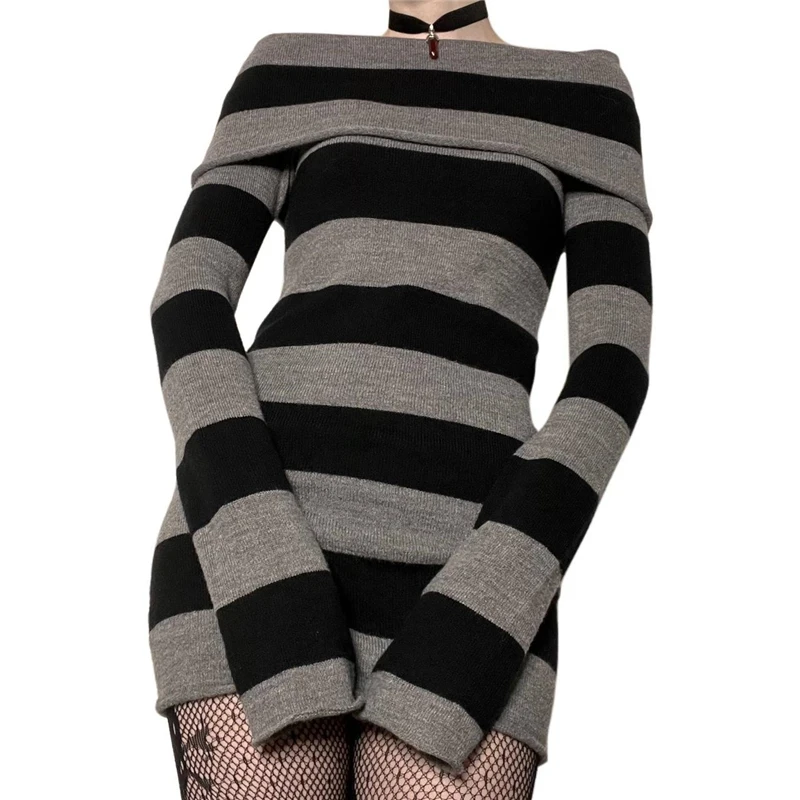 Gothic Y2K Off-Shoulder Knitted Dress - Dark Academia Punk Witchy Style