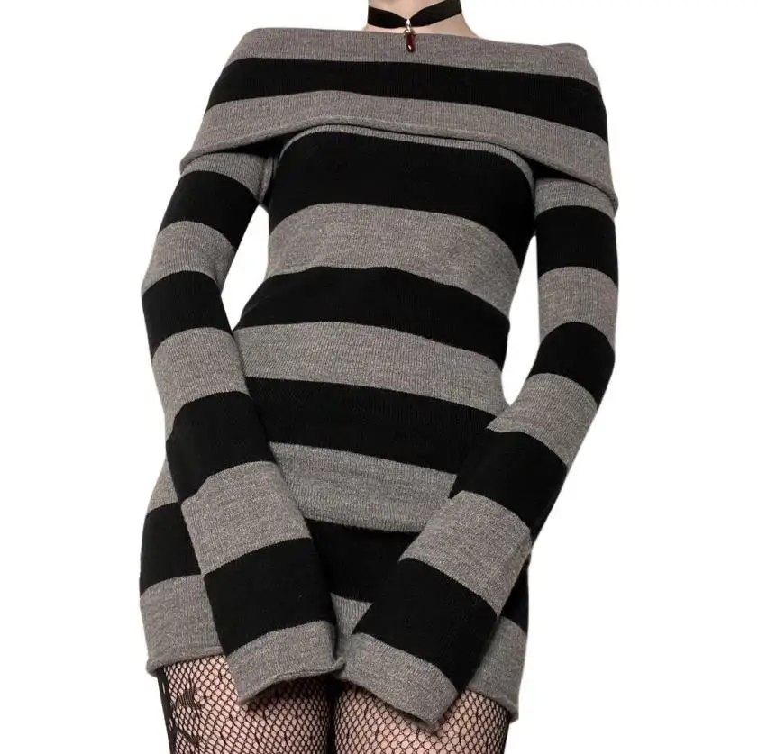 Gothic Y2K Retro Grunge Mini Dress - Off Shoulder Long Sleeve Punk Dark Academia Clubwear