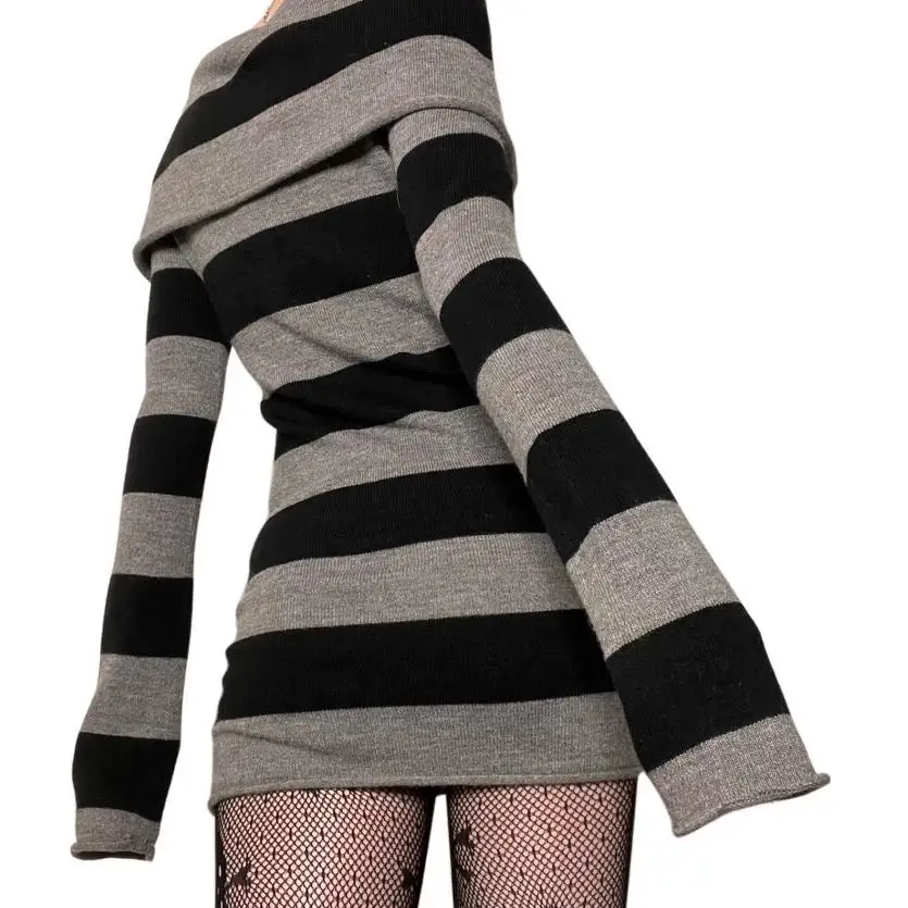 Gothic Y2K Retro Grunge Mini Dress - Off Shoulder Long Sleeve Punk Dark Academia Clubwear