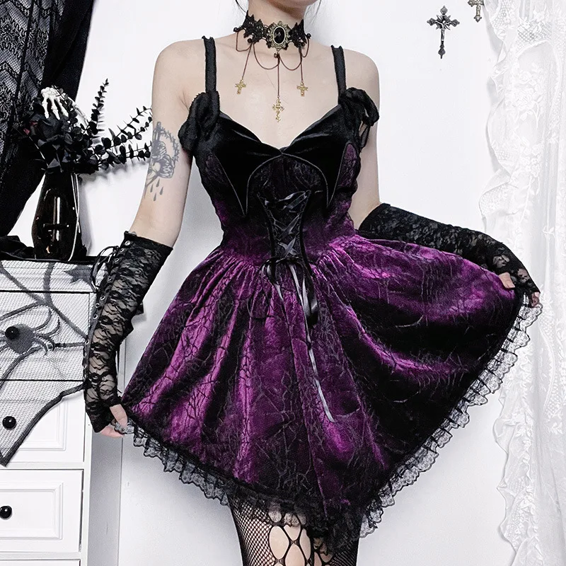 Gothic Y2K Velvet Bandage A-line Mini Dress - Spider Web Jacquard Party Dress with Lace Hem