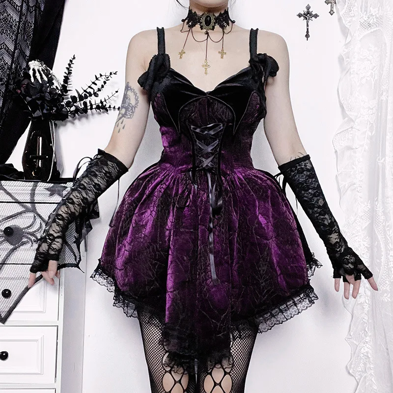 Gothic Y2K Velvet Bandage A-line Mini Dress - Spider Web Jacquard Party Dress with Lace Hem