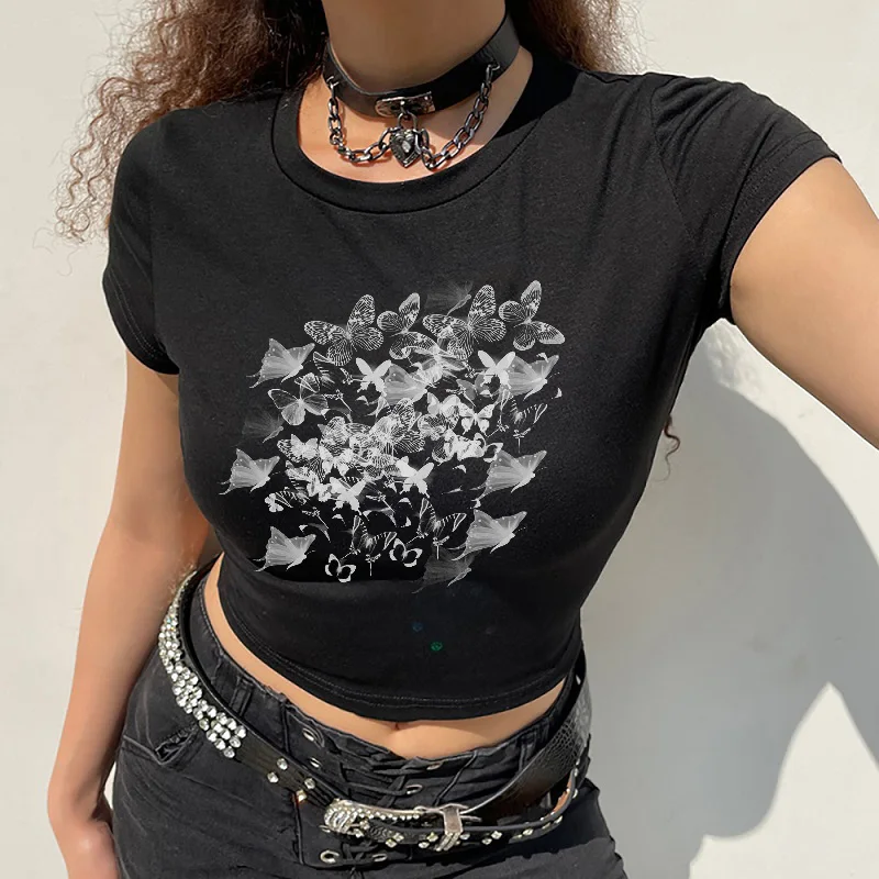 Grunge Fairy Butterfly Vintage T-shirt - Y2K Punk Crop Top