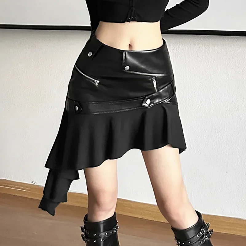 Grunge Punk Y2k A-line Skirt - Mall Gothic Streetwear High Waist Mini Zipper Faux Pu Patch