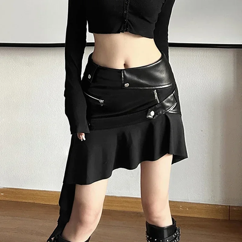 Grunge Punk Y2k A-line Skirt - Mall Gothic Streetwear High Waist Mini Zipper Faux Pu Patch