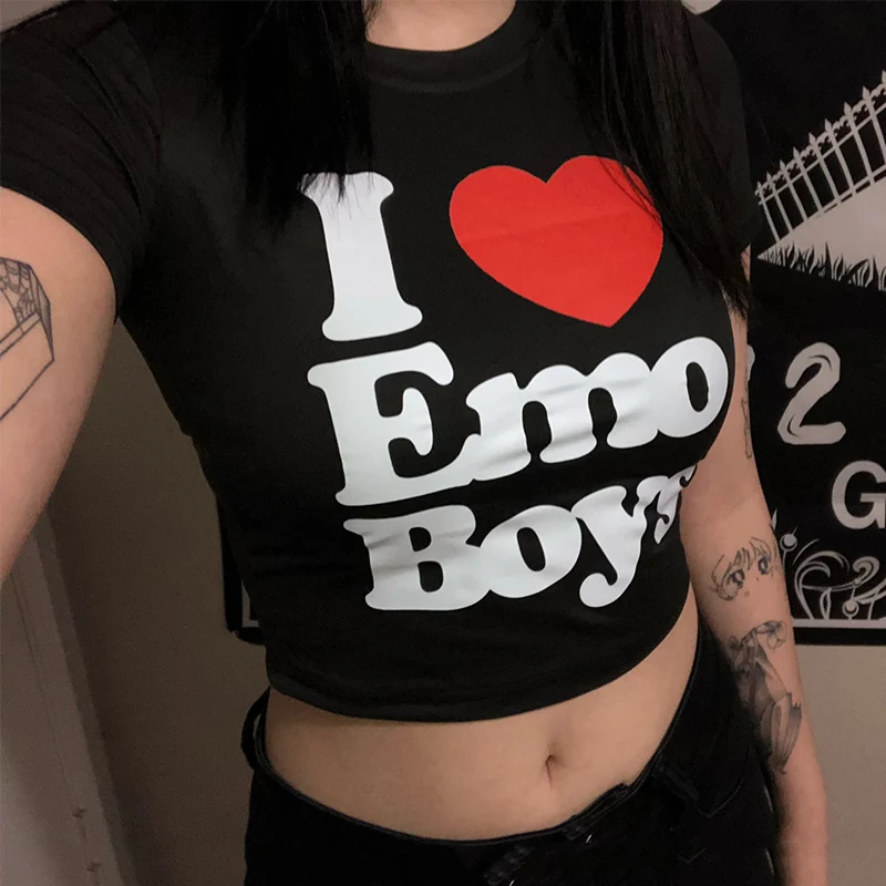 Harajuku Gothic Y2k Emo Boy Print Tee - Vintage 2000s Sexy Cropped Top