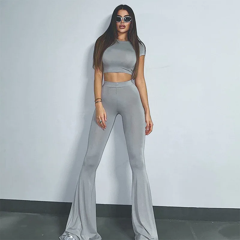 Harajuku Gray 2-Piece Set: High Waist Flare Pants + Crop Top | Y2K Fashion Outfit