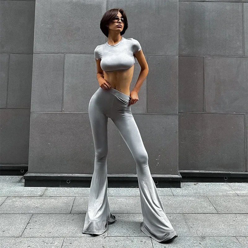 Harajuku Gray 2-Piece Set: High Waist Flare Pants + Crop Top | Y2K Fashion Outfit