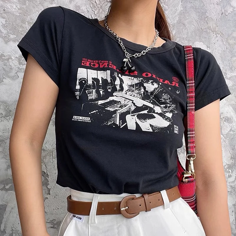 Harajuku Grunge Graphic Black Goth Punk 90s Vintage Slim Crop Top Streetwear Summer Y2K Women