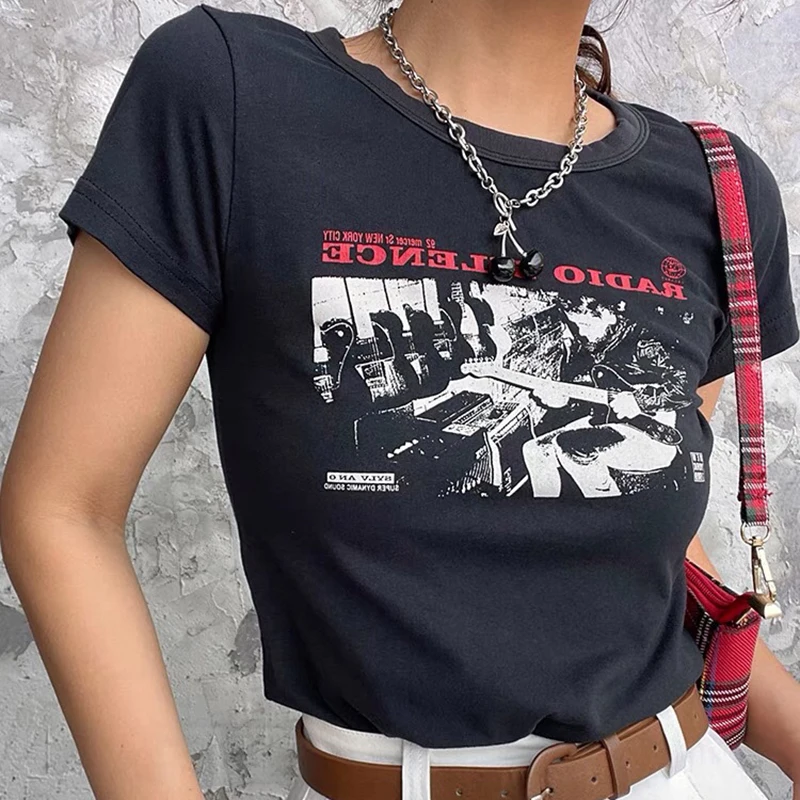 Harajuku Grunge Graphic Black Goth Punk 90s Vintage Slim Crop Top Streetwear Summer Y2K Women