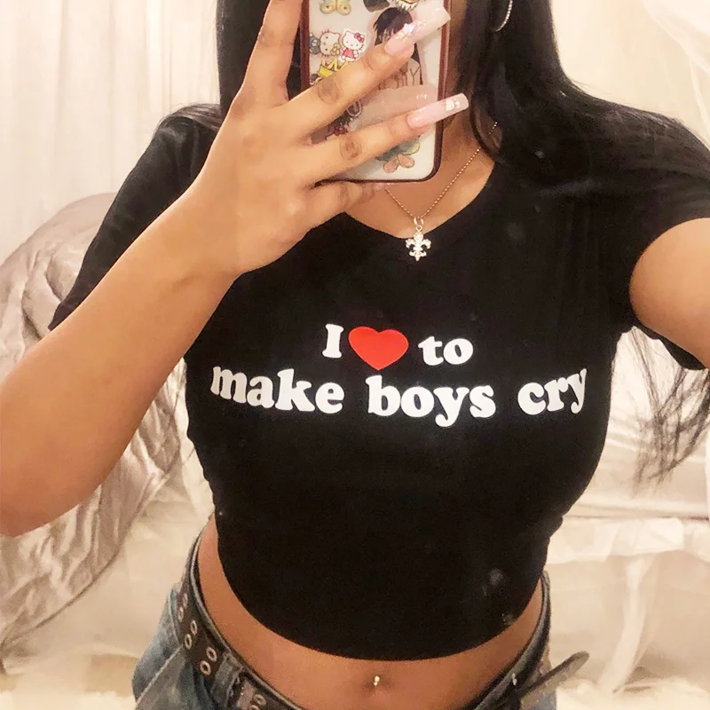 Harajuku "I Love to Make Boy Cry" Print T-Shirt - Y2K Kawaii Streetwear Crop Top