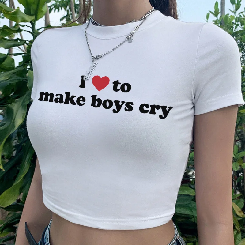 Harajuku "I Love to Make Boy Cry" Print T-Shirt - Y2K Kawaii Streetwear Crop Top