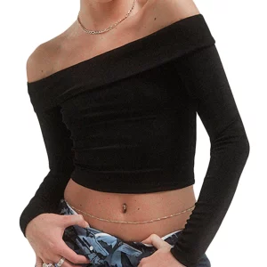 Harajuku Off-Shoulder Crop Top - Solid Color Long Sleeve Tee for Women - Y2K Streetwear & Club