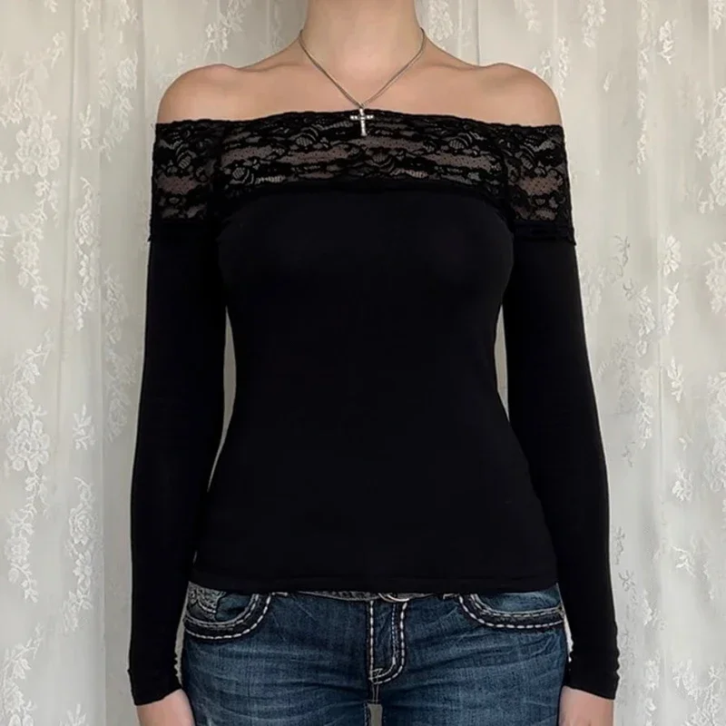 Harajuku Y2K Lace Patchwork Slash Neck Long Sleeve T-Shirt - Elegant and Sexy Women's Top