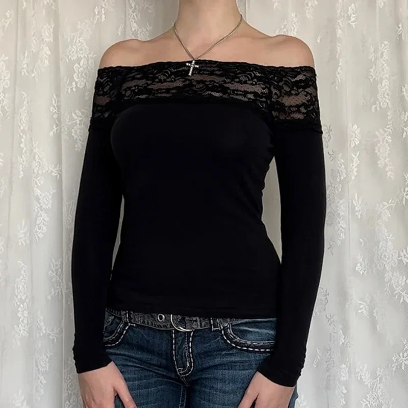 Harajuku Y2K Lace Patchwork Slash Neck Long Sleeve T-Shirt - Elegant and Sexy Women's Top