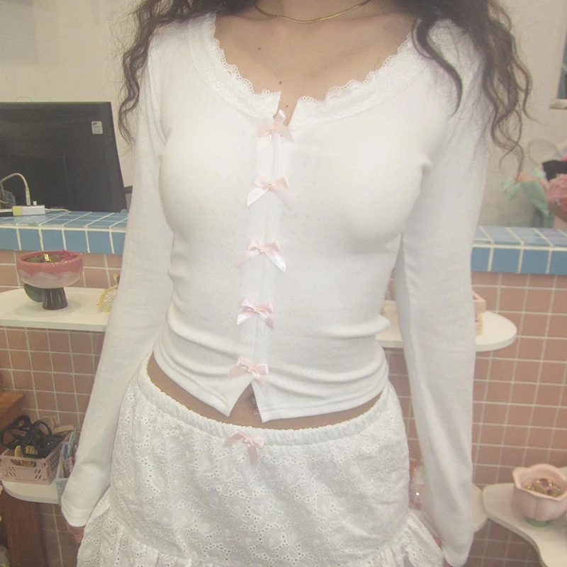 Kawaii Bow Knitted Top: Y2K Lace Trim Lolita Style Cropped Tee