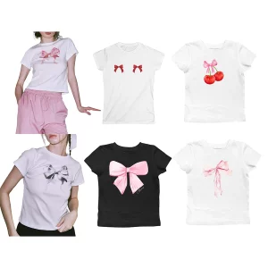 Kawaii Cartoon Bow Print Crop Top - Y2K Grunge Preppy Style T-Shirt