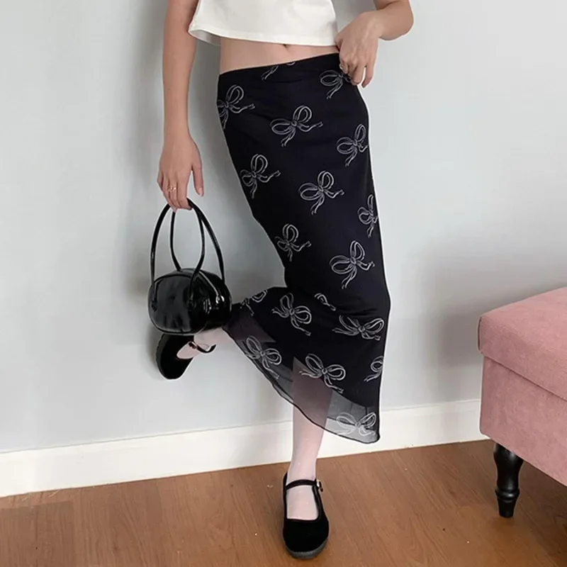 Korean Bow Print Y2K Long Skirt - Mesh Patchwork Maxi Straight Skirt