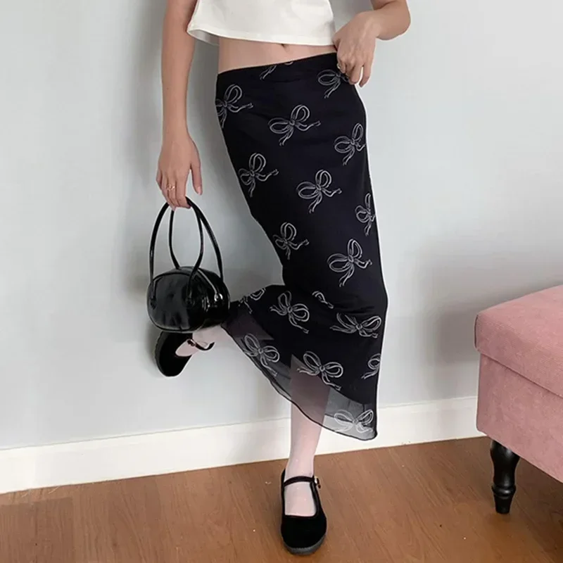 Korean Bow Print Y2K Mesh Patchwork Maxi Skirt - Chic Street Style