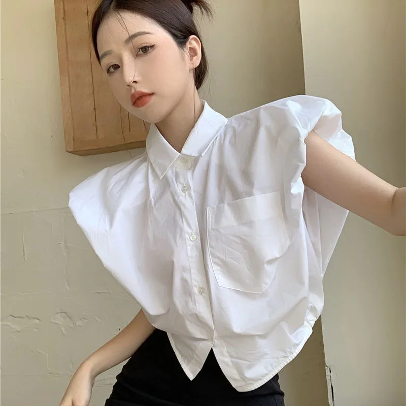 Korean Chic Y2K Sleeveless White Blouse - Summer Loose Fit with Pocket Buttons Lapel Collar - All