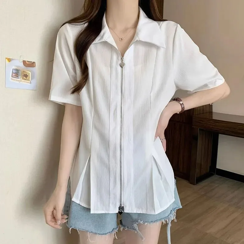 Korean Chic Y2K Zipper Shirt: Thin Short Sleeve Women's Summer Streetwear Blouse