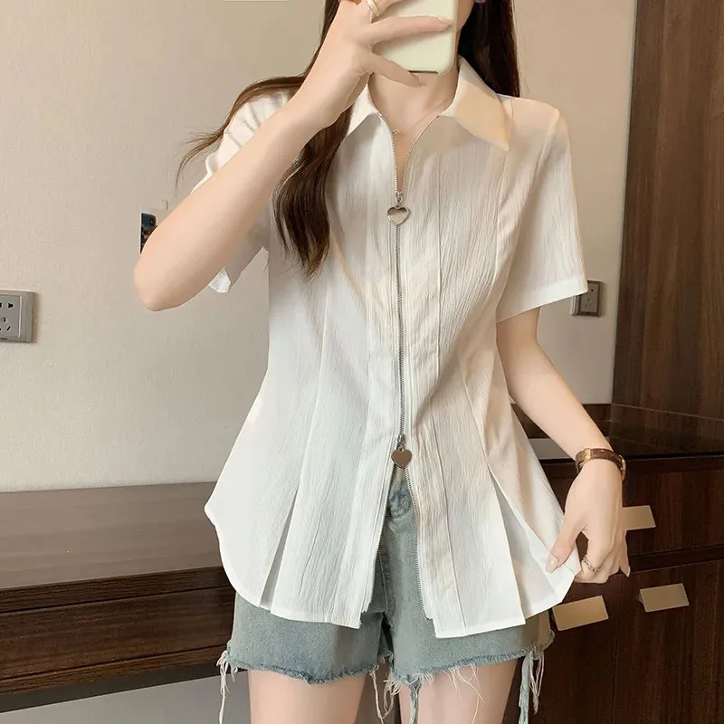 Korean Chic Y2K Zipper Shirt: Thin Short Sleeve Women's Summer Streetwear Blouse